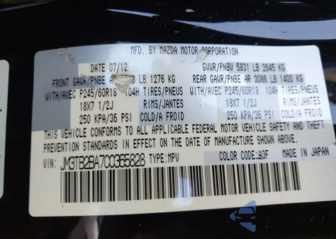 2012 Mazda Cx-9 Sport from USA, damaged, VIN JM3TB2BA7C0365828